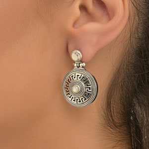 Handmade Greek Key earrings in sterling silver 925 with mother of pearl gemstone /Meander earrings /Museum Jewelry /Ancient Greek Jewelry image 1