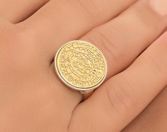 Disc of Phaistos handmade Minoan ring in sterling silver 925 with gold plated motif