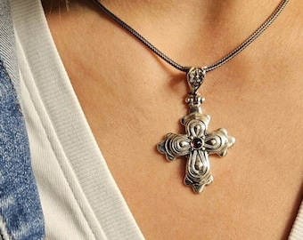 Handmade Byzantine cross with garnet gemstone in sterling silver 925