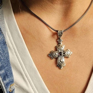 Handmade Byzantine cross with garnet gemstone in sterling silver 925