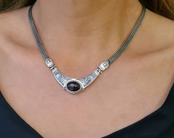 Byzantine style handmade necklace in sterling silver 925 with gemstone and Anthemion motifs