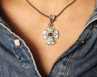 Byzantium cross with garnet gemstone in sterling silver 925