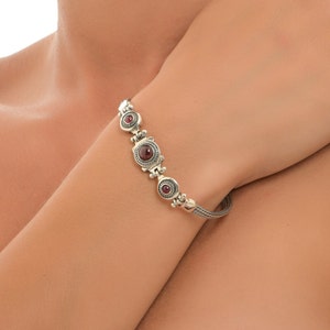 Handmade Sterling Silver Byzantine Bracelet with Garnet Gemstone