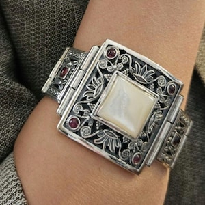 Sterling Silver Byzantine Bracelet: Garnet & Mother of Pearl, Handmade