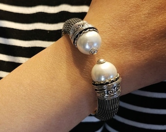 Pulsera estilo bizantino en plata de ley 925 con perla