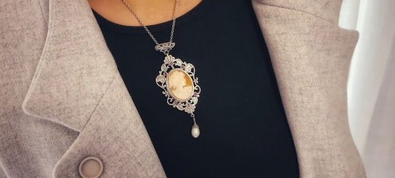Handmade Sterling Silver Cameo Pendant: Victorian Lady, Garnet & Pearl
