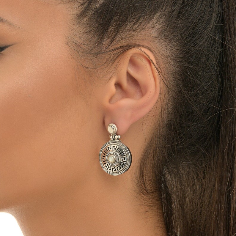Handmade Greek Key earrings in sterling silver 925 with mother of pearl gemstone /Meander earrings /Museum Jewelry /Ancient Greek Jewelry image 1