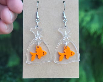 Goldfish in Bag Earrings: Laser-Cut Acrylic Dangle Earrings