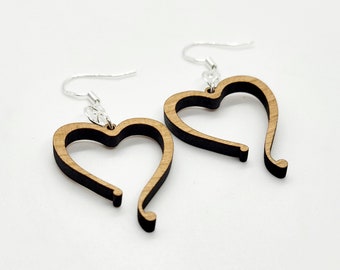 Heart Earrings, Wooden Earrings, Valentine's Earrings, Artsy Heart Earrings