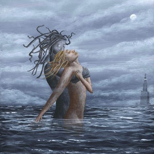 May include: A painting depicting two figures embracing in a stormy sea. The figure on the left has long, dark hair and is holding the figure on the right. The figure on the right has long, blonde hair and is looking up at the sky. The background is a dark, stormy sky with a full moon.