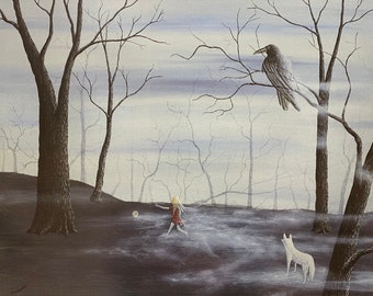 Ghost Girl, Wolf, Raven, Art print by Jessica Schuster, Playful Apparition