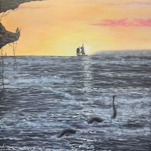Puede incluir: Una pintura de un barco navegando lejos de un acantilado rocoso al atardecer. Dos monstruos marinos nadan en el agua debajo del acantilado.