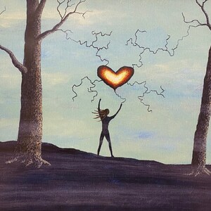 May include: A painting depicting a woman standing between two bare trees, reaching up towards a glowing heart-shaped object in the sky. The sky is a pale blue.