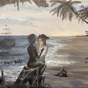 Mermaid, pirates, Lesbian art, signed print by Jessica Schuster, Awaken at seaside