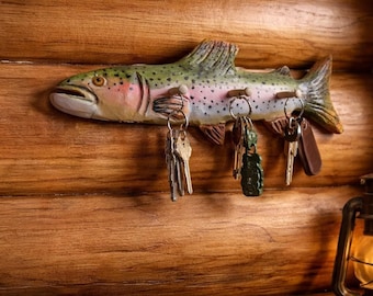 Hand Carved Rainbow Trout Fish Key Hanger