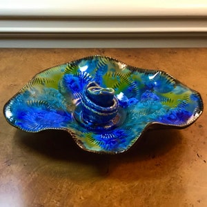 Vintage Art Pottery Crystalline Glaze Bowl in Blue & Green. Rosette Shaped Center and Brown Edge. Vintage Asymmetrical.
