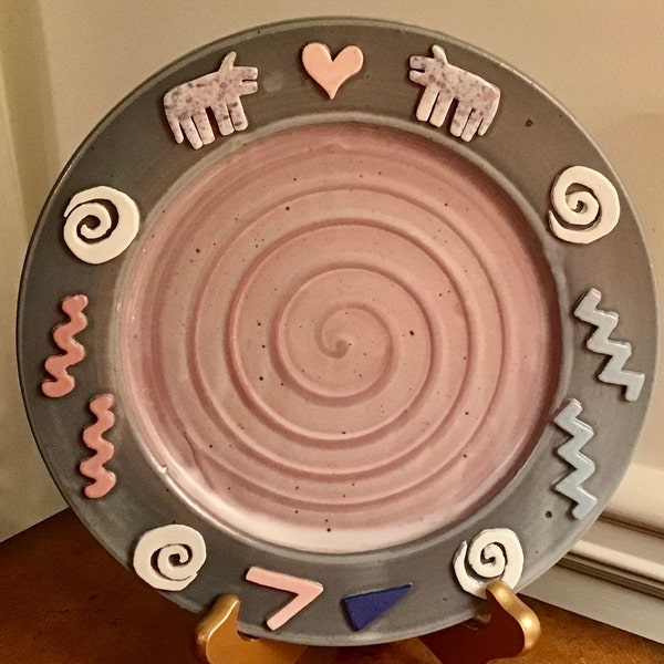 Cunningham Studio Pottery Plate, Vintage 90's Postmodern , Memphis Style. Cunningham Pottery Iowa Retro decorative applied cutouts. Signed