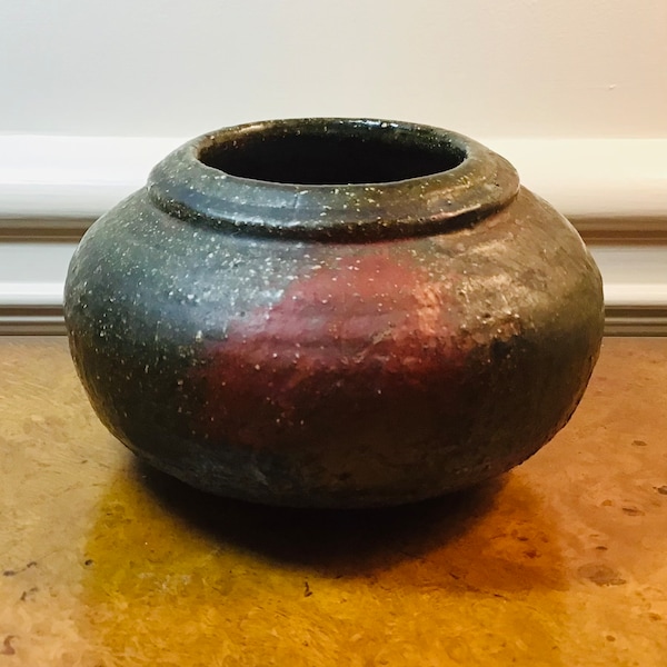 Vintage Raku Pottery, Small Vase.  Made of Black Clay with Red and Copper Accents,  4 inch diameter.  Marked R by the artist.
