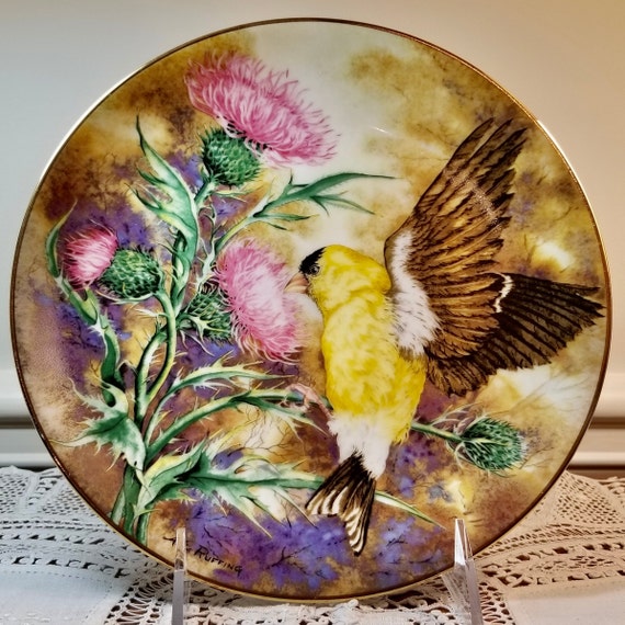 英国　John Mortlock 金彩　鳥文様　キャビネットプレート Vintage American Goldfinch Plate, Royal Windsor, Southern Living