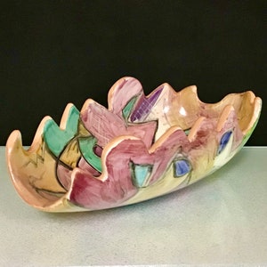 Vintage, Harris-Cles Studio Pottery Bowl, Memphis Style, Postmodern, Sculptural Bowl 1995, Abstract. Glazed Finish Over Terracotta