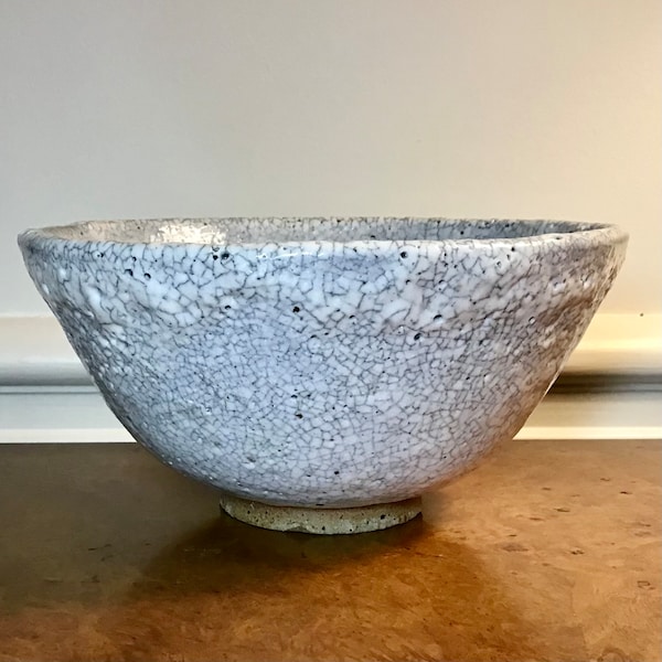 Richard Tuck Vintage MCM Stoneware Bowl, White Lava Glaze and Grey Raku Crackle and bubbles and mottled base. 6" Wide Signed by the artist.