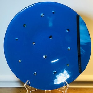 Vintage  11&quot; Modern Art Glass Bowl/Platter. Handmade .Deep Blue, Black, White and a touch of Brown. 11 inches across 2 inches high.