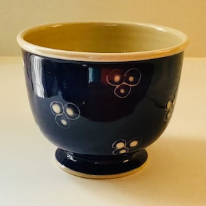 STENTOJ SEBASTIAN BOWL,  Denmark Pedestal Bowl, Dark Blue and White Hand painted  Design and a Cream colored interior ,Scandinavian Design.