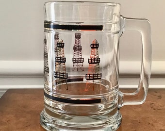 Vintage Culver Ltd Glass, Beer Mug Stein  MCM Oil Derrick Oilfield Design Embossed Black and 22k Gold Made 1980’s - 1990’s. Retired design.