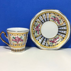 Vintage theevana demitasse-espresso (set van 2) CC&T, roze design, porselein goud verguld bloemen. 2 kopjes en 2 schotels.  Art-decostijl.
