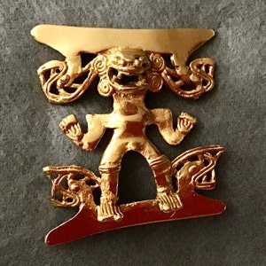 Vintage Brooch-Aztec Maya Jaguar Head God. 1970’s. Gold Plate over Brass. 2” Tall. Attributed to ALVA Museum Replicas. Free Gift Wrapping