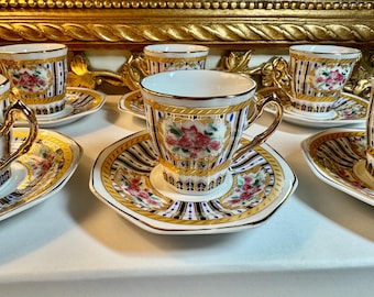 Vintage CC&T Demitasse 6 Cups and 6 Saucers in the set, Rose Design, Gold Gilt Art Deco, 1990's