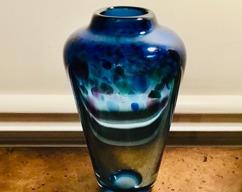 Art Glass Vase By Michael Stanton. Confetti Glass, Deep blue with spots of pink and green fading to light blue at the bottom.