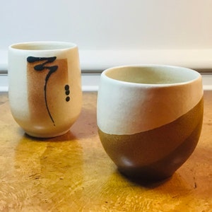 Vintage WHAT CHEER Saki Cups,  Art Pottery . Abstract Modernist Designs Vintage 1980&#39;s by Iowa Married Artists Jere and Kate Huffman.Signed