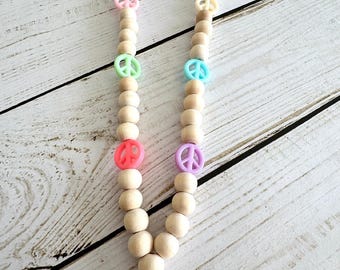 Cordón con cuentas de madera, cordón para profesor con símbolo de la paz, cordón, portatarjetas de identificación, accesorio para profesor