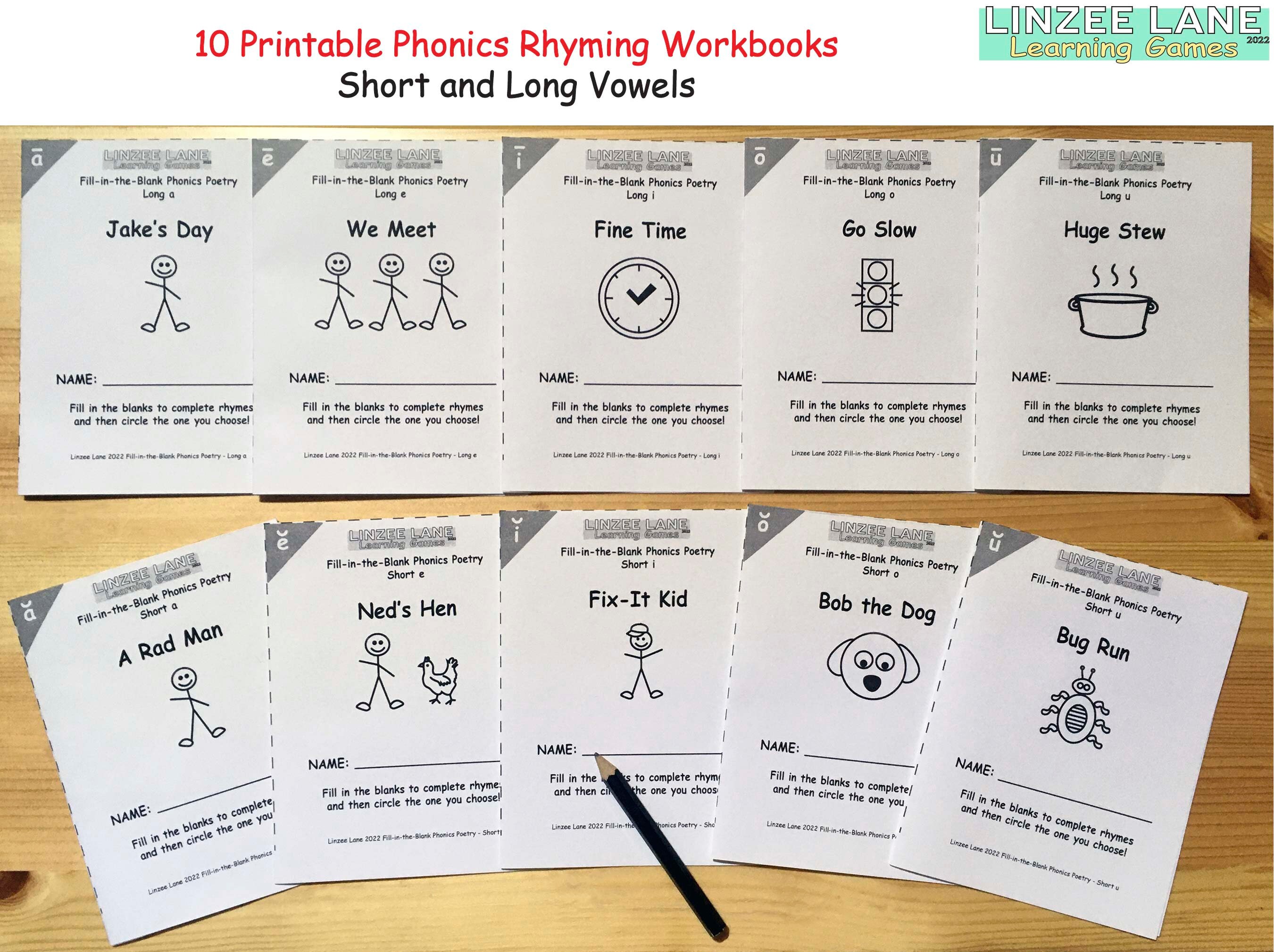 10 Printable Phonics Rhyming Workbooks, Short Vowel Sounds and Long ...