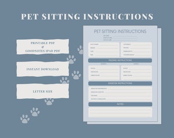Pet Sitting Instructions (Blue) | Dog Sitting Guide | Pet Sitter Form | Pet Sitter Form Checklist | Pet Sitter PDF Template