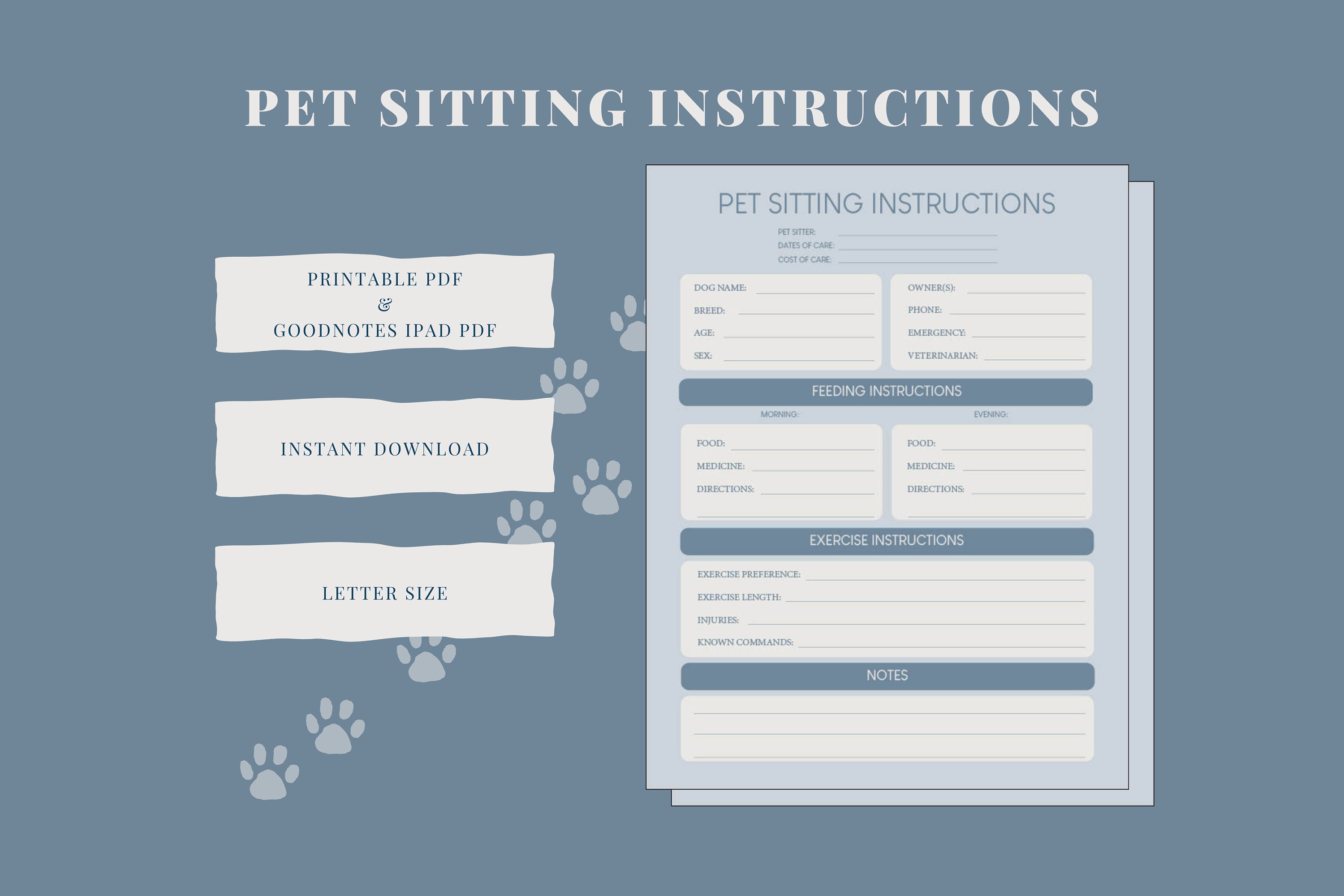 Pet Sitting Instructions (blue) | Dog Sitting Guide | Pet Sitter Form ...