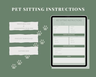 Pet Sitting Instructions (Green) | Dog Sitting Guide | Pet Sitter Form | Pet Sitter Form Checklist | Pet Sitter PDF Template