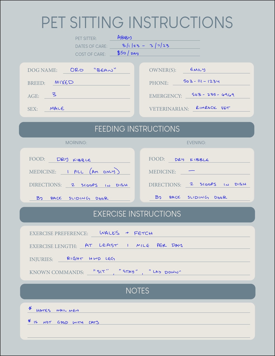 Pet Sitting Instructions (blue) | Dog Sitting Guide | Pet Sitter Form ...