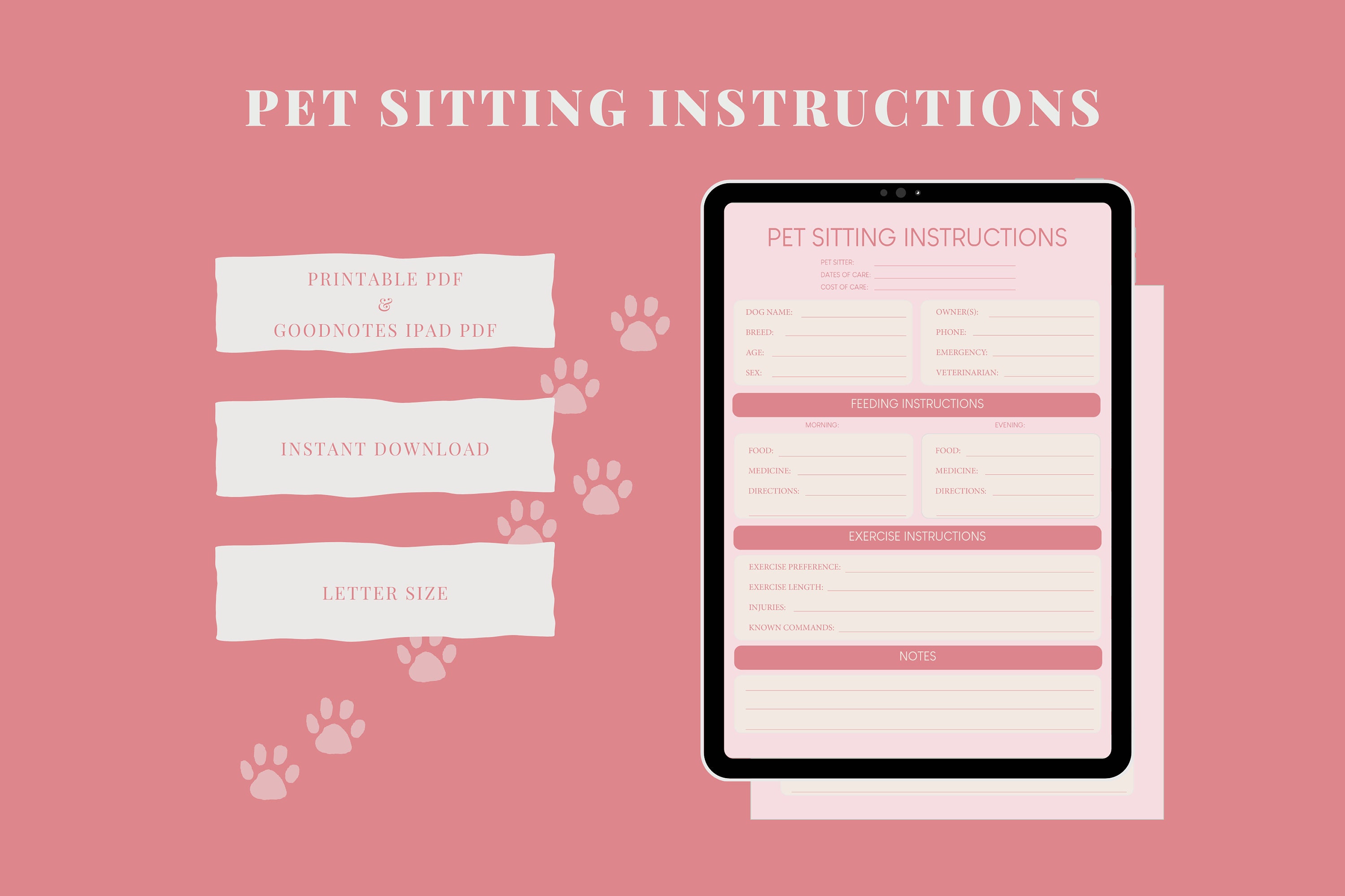 Pet Sitting Instructions (pink) | Dog Sitting Guide | Pet Sitter Form ...