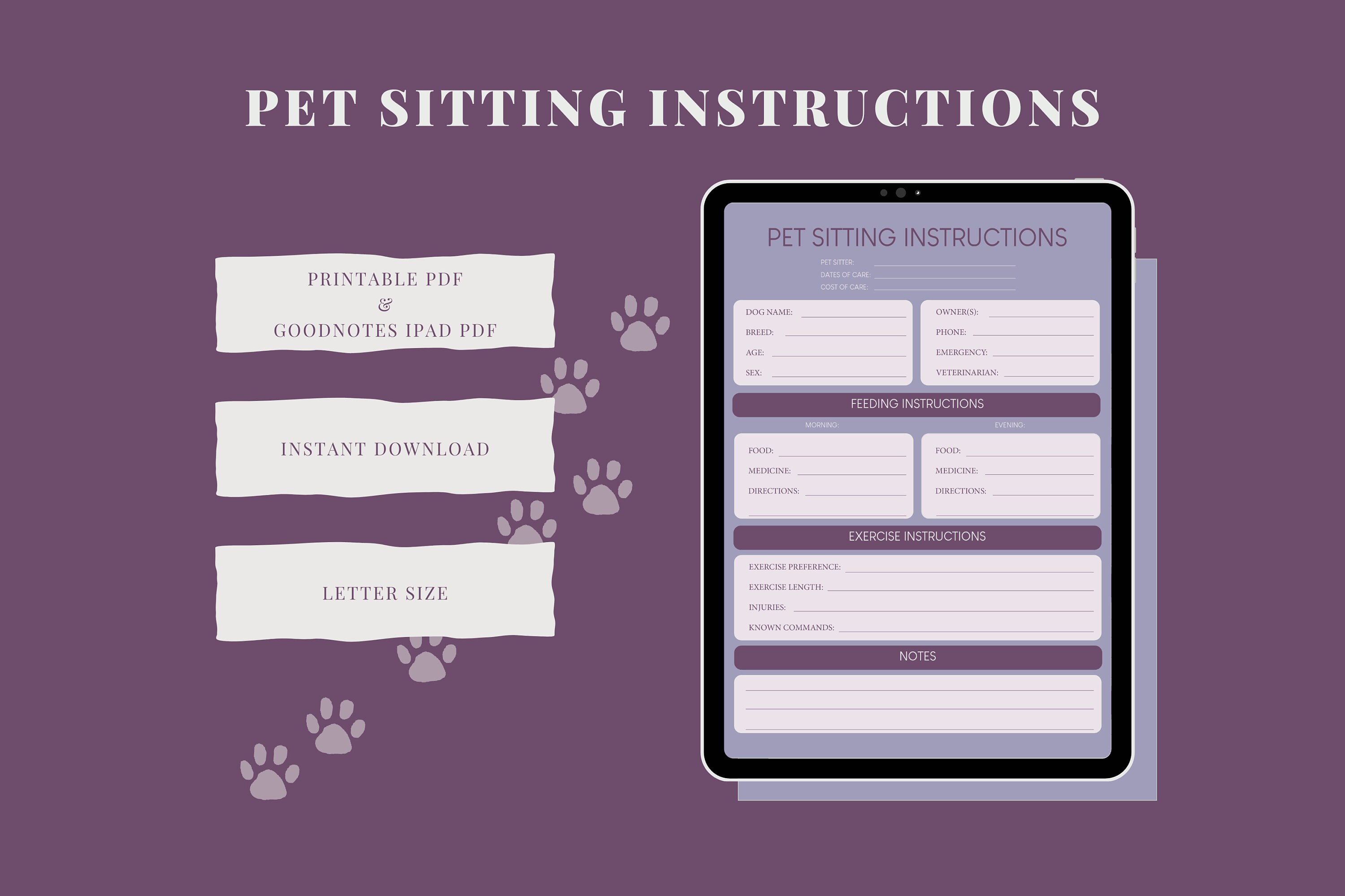 Pet Sitting Instructions (Purple) | Dog Sitting Guide | Pet Sitter Form | Pet Sitter Form Checklist | Pet Sitter PDF Template