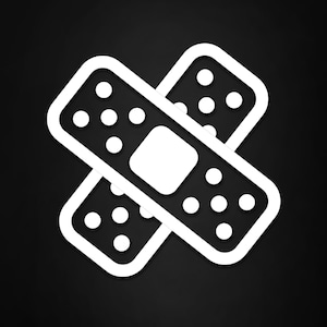 May include: White outline of a plaster with a white square in the centre and white dots around the edges.