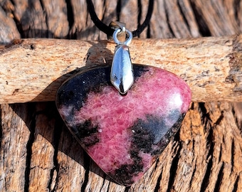 Natural Rhodonite pendant, 54 Carats, leather cord necklace, Rhodonite Cord Necklace, Heart necklace, Black & Pink  Gemstone, Minimalist,