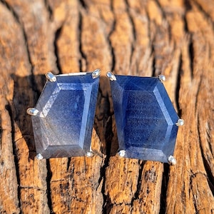 Natural Blue Sapphire Silver Stud Earrings, 925 Sterling Silver Earrings, Handmade Silver Earrings, Blue Step Cut Earrings, blue Gemstone,
