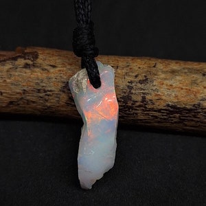 Natural Ethiopian White Big Opal Raw Necklace, Leather Cord Necklace, October Birthstone, Multi Fire, Opal Raw Gemstone Pendant, Minimalist,
