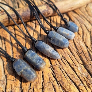 Raw Blue Sapphire Stick Necklace, Leather Cord Necklace, September Birthstone, Blue Gemstone, Raw Blue Sapphire on Cord, Custom Length,