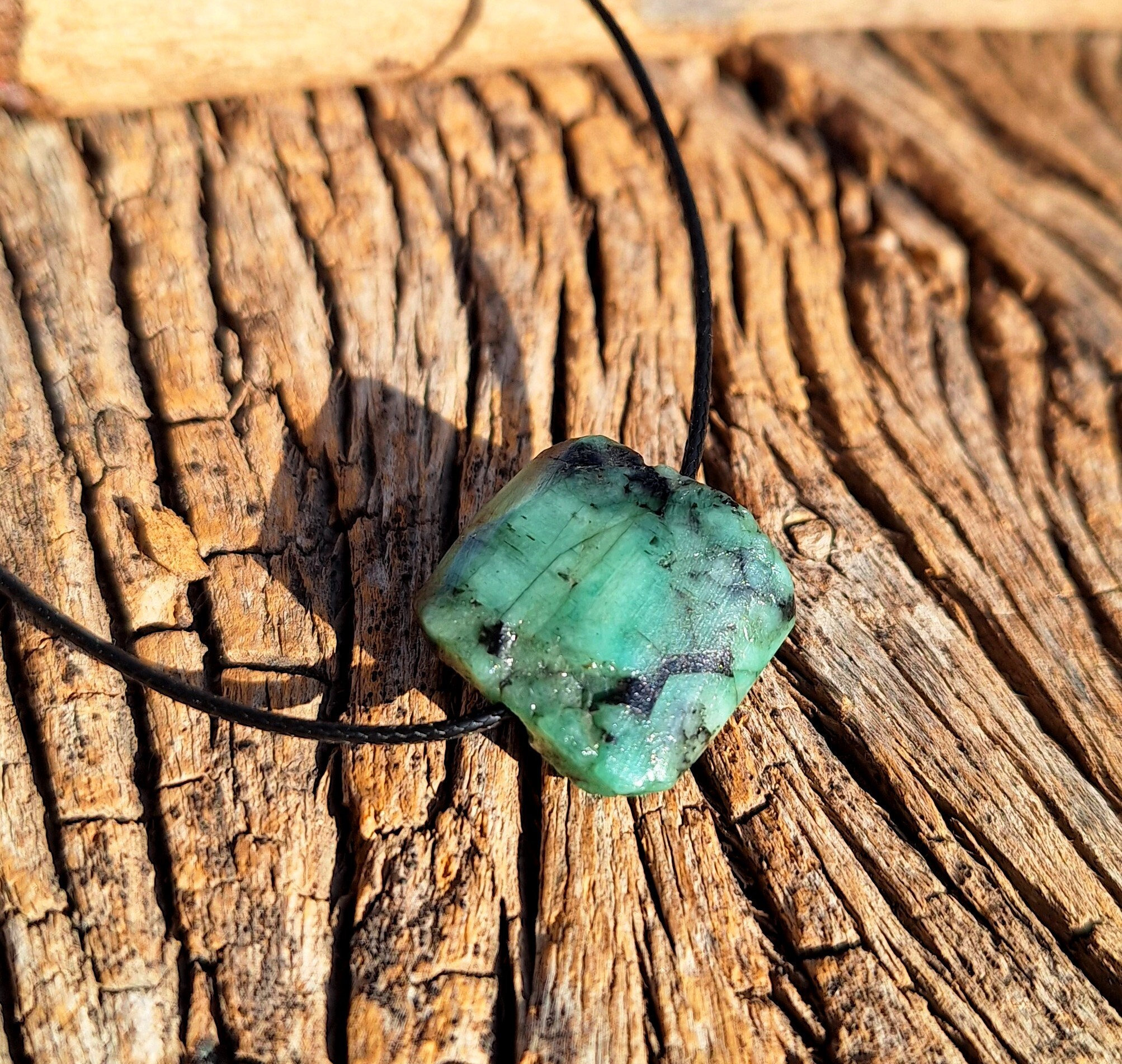 Natural Raw Emerald Leather Cord Necklace, May Birthstone, Natural