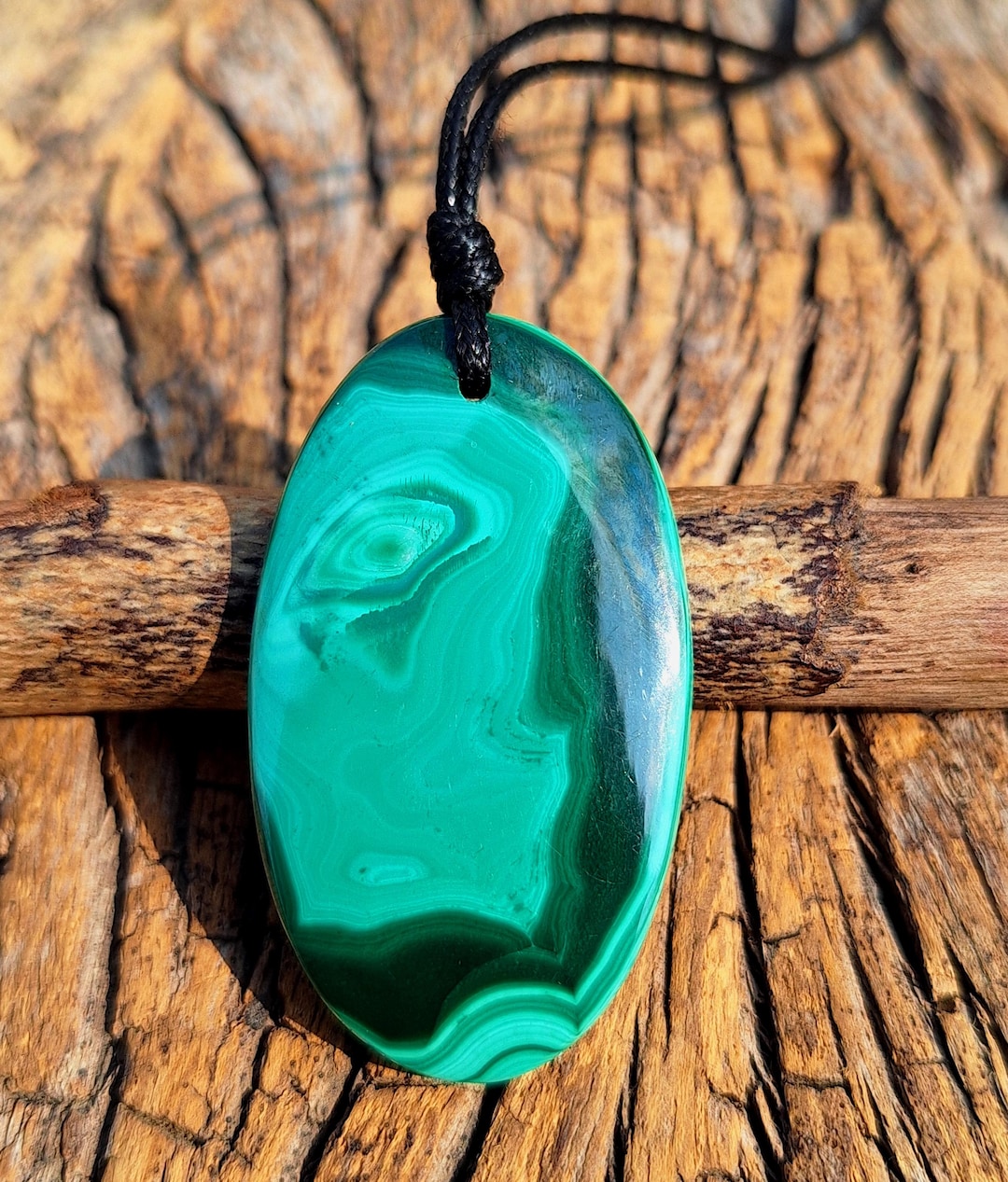 Large Malachite Pendant, Leather Cord Necklace, 1.69 Inch