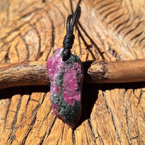 Natural Raw Ruby Zoisite Black Leather cord Necklace, July Birthstone, Natural Rough Ruby on Cord, Handmade Necklace, Balance, Minimalist,
