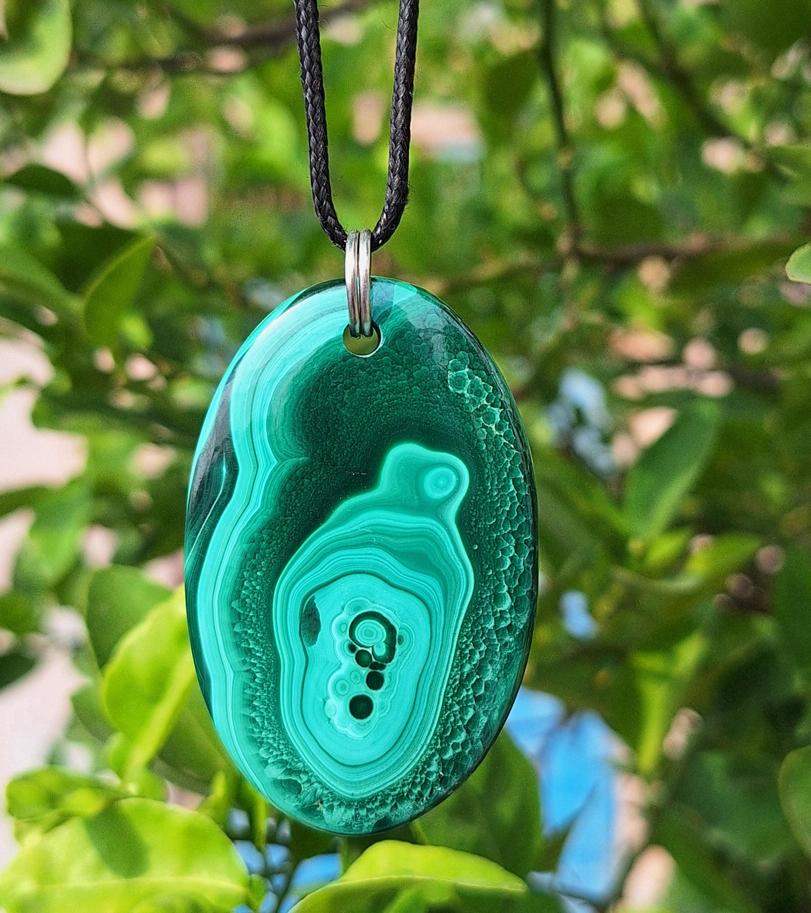 Large Malachite Pendant, 2.04 Inch Malachite Pendant, Leather Cord